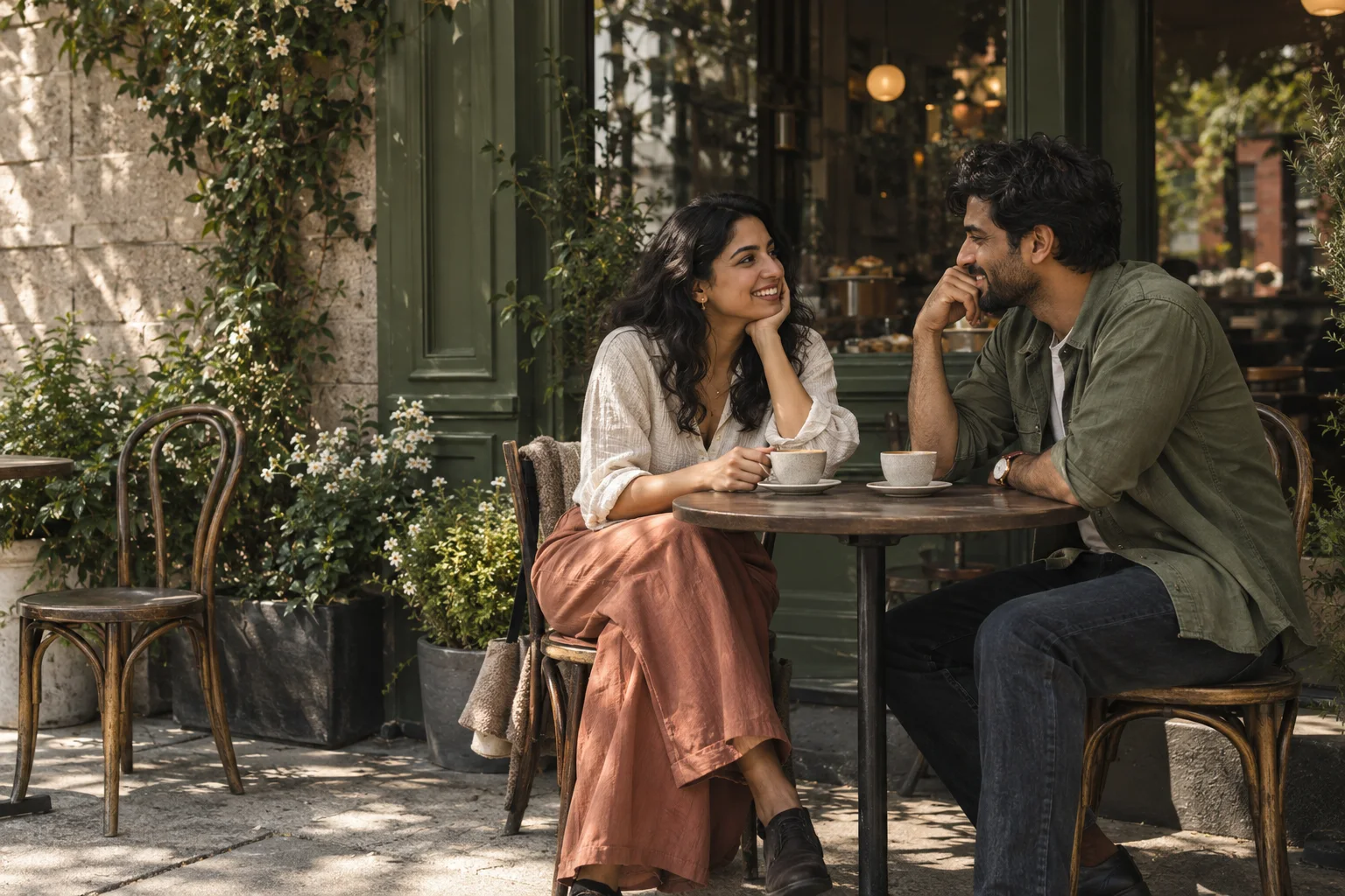 An illustrative one-to-one coffee date at a neighbourhood café.